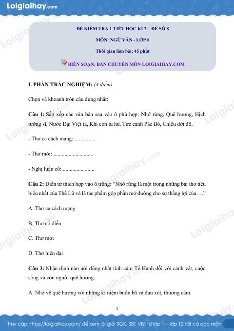 Đề kiểm tra 1 tiết Văn 8 - Đề số 8